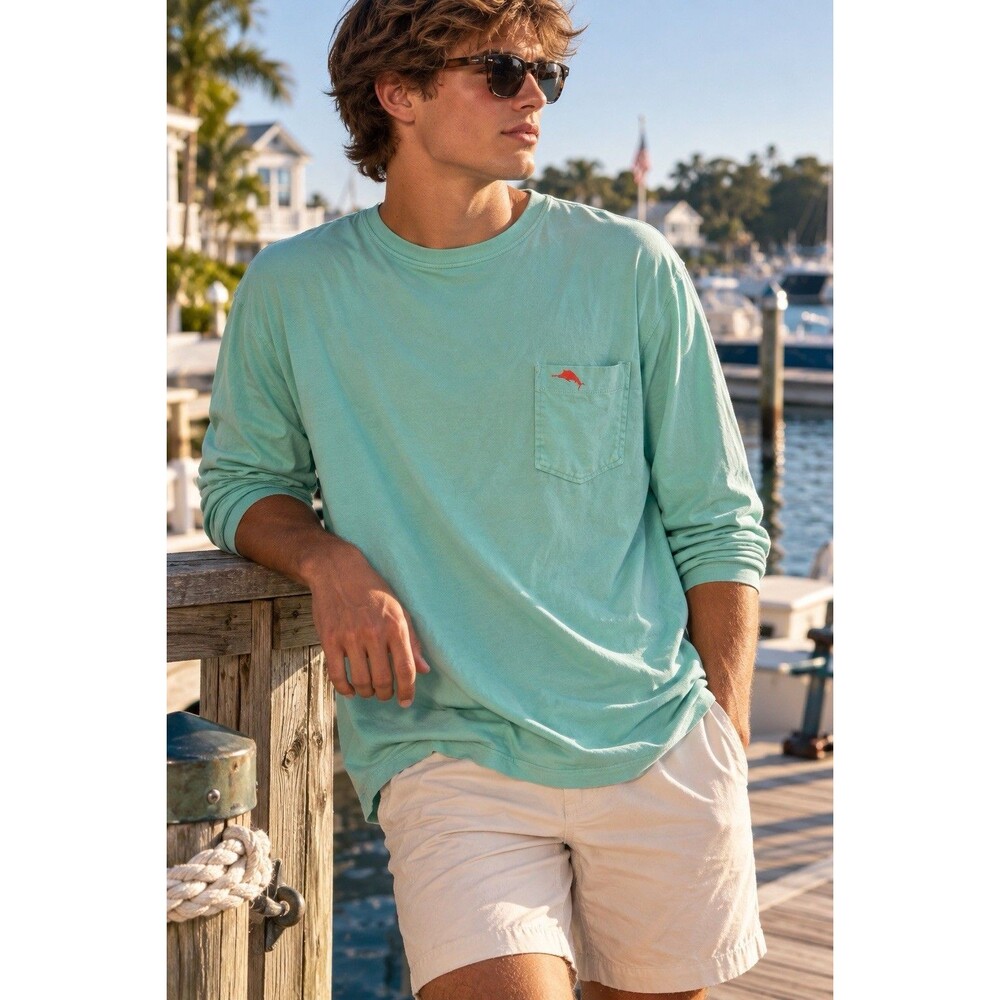 Tommy Bahama Mens Large Turquoise Blue Slub Cotton Long Sleeve Pocket T-Shirt